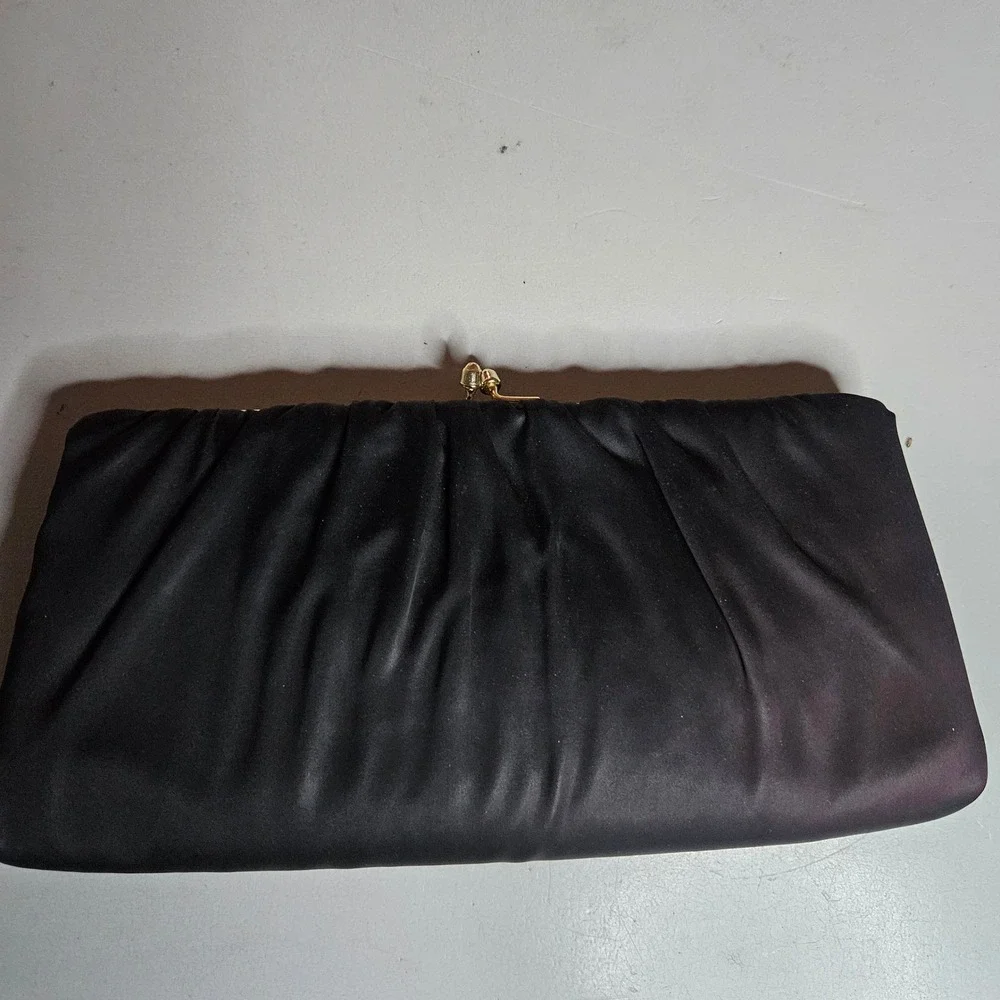 Vintage HL USA Black Satin Ruched Clutch Evening Bag Gold Chain Kiss Lock USA